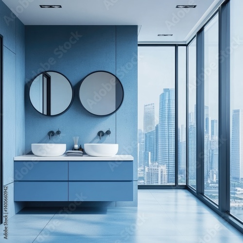 Modern, stylish, blue bathroom with city views. Double vanity, round mirrors, and sleek design