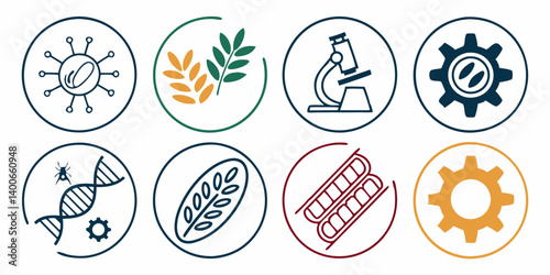 Vector Coffee Agriculture Science Icons: Wheat, Microscope, DNA, Virus, Gears, Coffee, Line Art