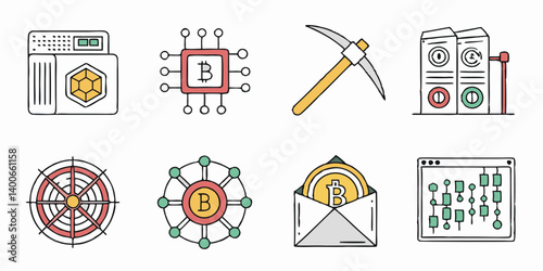 Bitcoin Mining Cryptocurrency Icons Flat Line Art Vector Set Graphic Collection Concept Design Elements Web UI UX Mobile Interface Blockchain Digital Currency