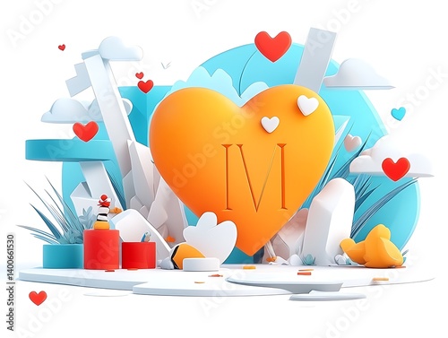 3D Heart with Love, Monogram, and Valentines.
