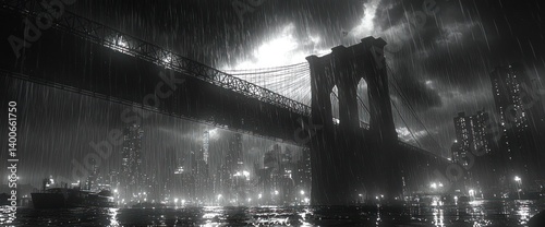 Rainy night city skyline with bridge