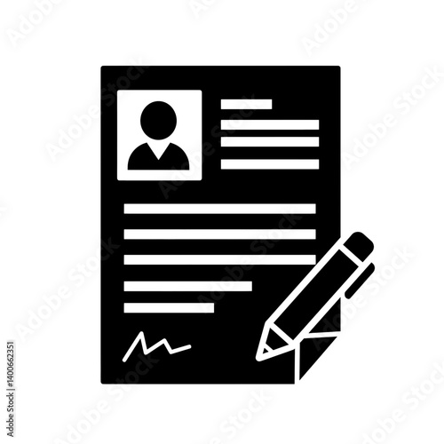 Resume and Pen Icon: A modern black and white silhouette illustration of a resume with a pen, representing the act of applying, reviewing or editing the document. 