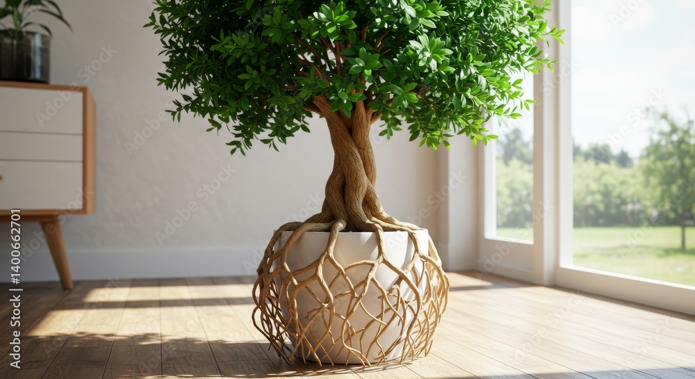 Serene Indoor Bonsai: Growth and Tranquility - Indoor bonsai tree, vibrant leaves, intricate roots, serene setting, nature's peace. Symbolizes growth, tranquility, resilience, and harmony