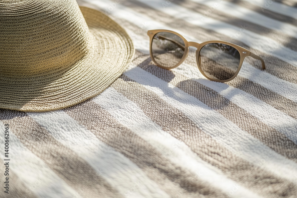 Beige and white striped beach towel with straw hat and neutral color sunglasses. Summer holiday travel concept background. Wellness and relax.