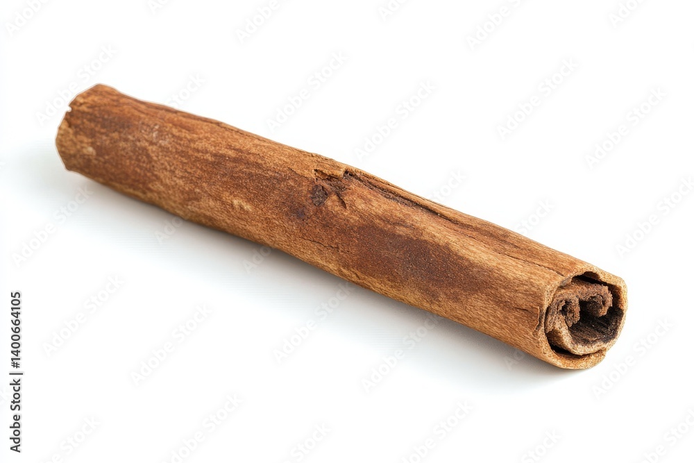A Single Cinnamon Stick Displayed Against a Plain White Background A Single Cinnamon Stick Displayed Against a Plain White Background