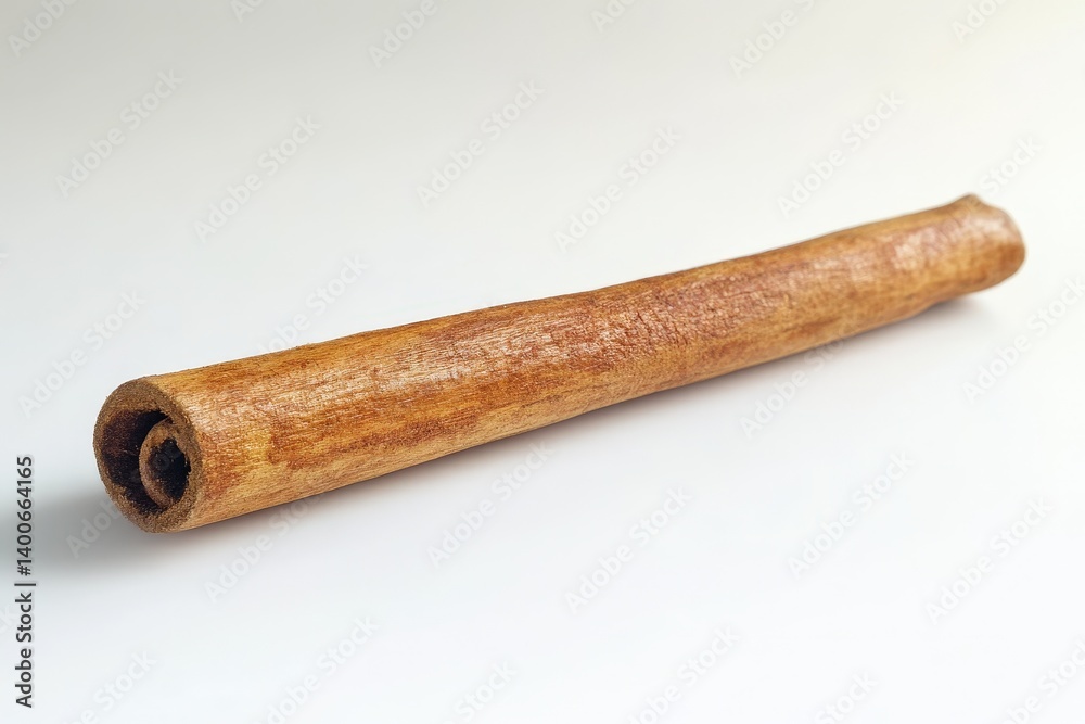 A singular rolled cinnamon stick with a light colored background A singular rolled cinnamon stick with a light colored background