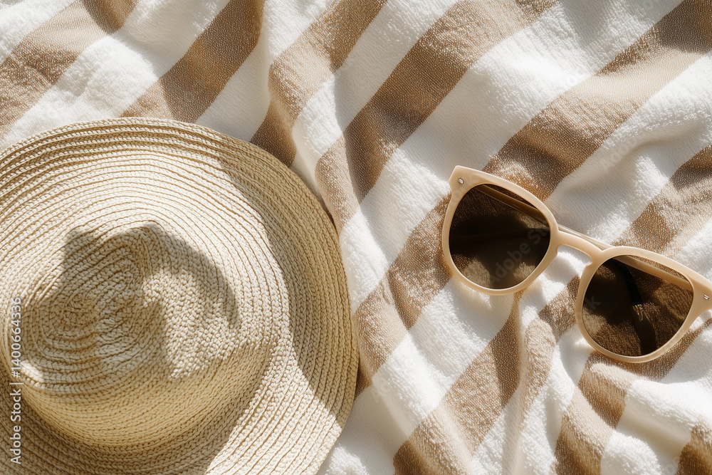 Beige and white striped beach towel with straw hat and neutral color sunglasses. Summer holiday travel concept background. Wellness and relax.