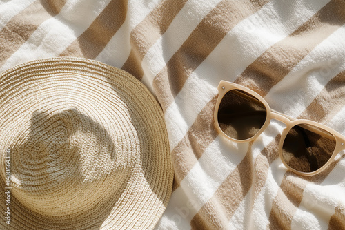 Obraz na płótnie Beige and white striped beach towel with straw hat and neutral color sunglasses. Summer holiday travel concept background. Wellness and relax. w salonie