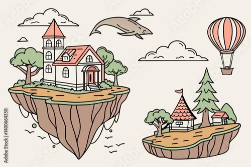 Dreamy Whimsical Fantasy Cartoon Floating Islands Houses Trees Clouds Hot Air Balloon Whale Vector Line Art Illustration