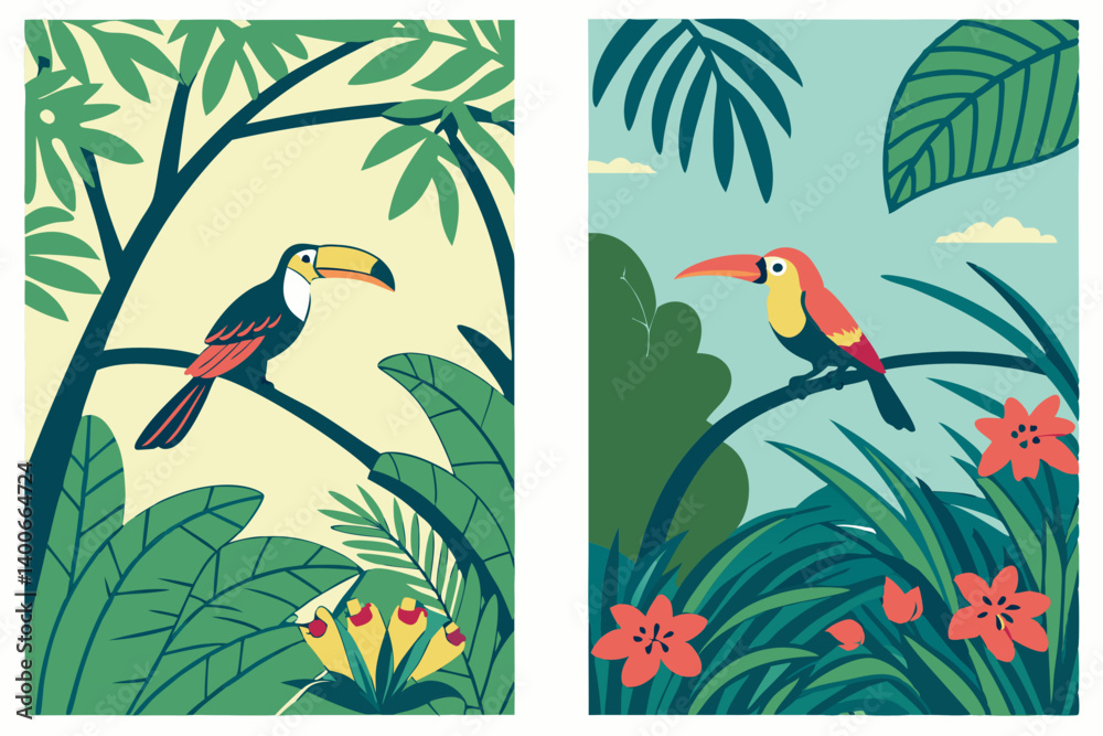 Obraz premium Colorful Toucan Birds Tropical Jungle Vector Illustration