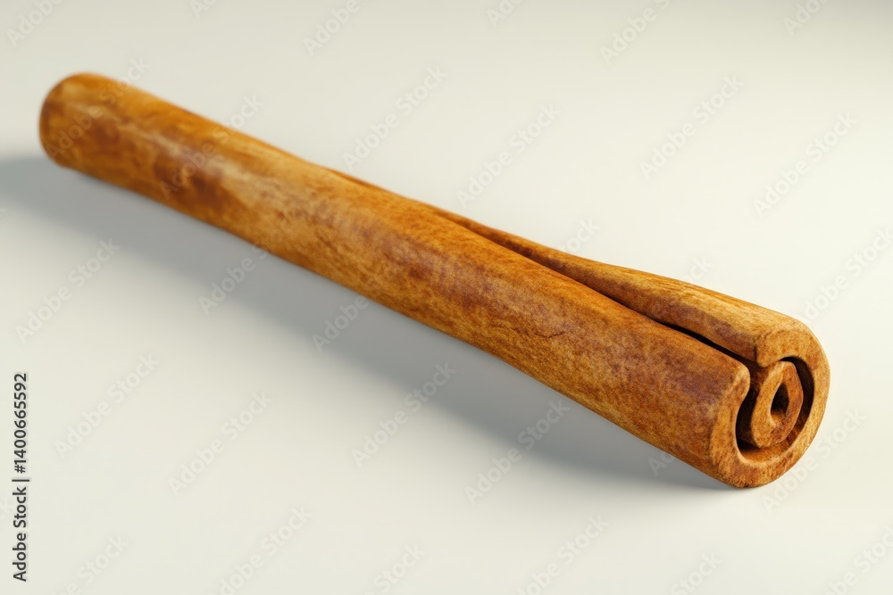 A single cinnamon stick lies angled on a plain off white surface A single cinnamon stick lies angled on a plain off white surface
