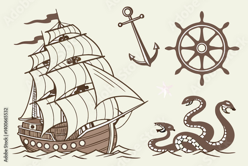Retro Nautical Engraving Drawing: Tall Ship, Anchor, Helm, Sea Monster