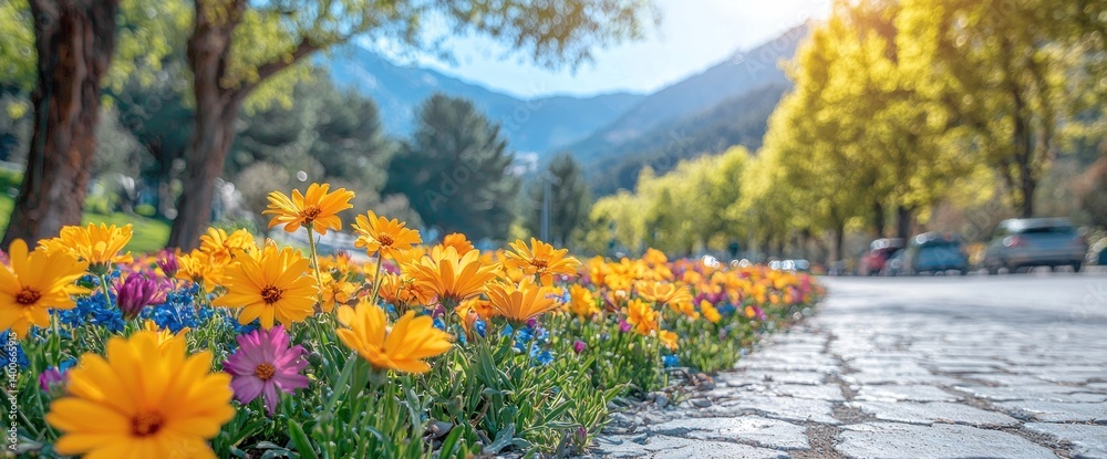Obraz premium Vibrant flowers line a city street