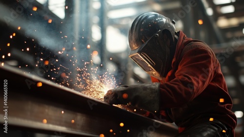 Welder wearing protective gear while welding metal beams. Featuring safety and precision