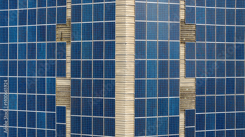 Obraz na płótnie Aerial perpendicular view of solar panels on the roof of an industrial building. w salonie