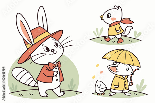 Adorable Cartoon Rabbit Bird Cat Chick Raincoats Hats Umbrellas Vector Graphic