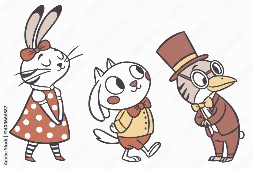Cute Cartoon Rabbit Cat Bird Animal Characters Illustration Cute Cartoon Rabbit Cat Bird Animal Characters Illustration