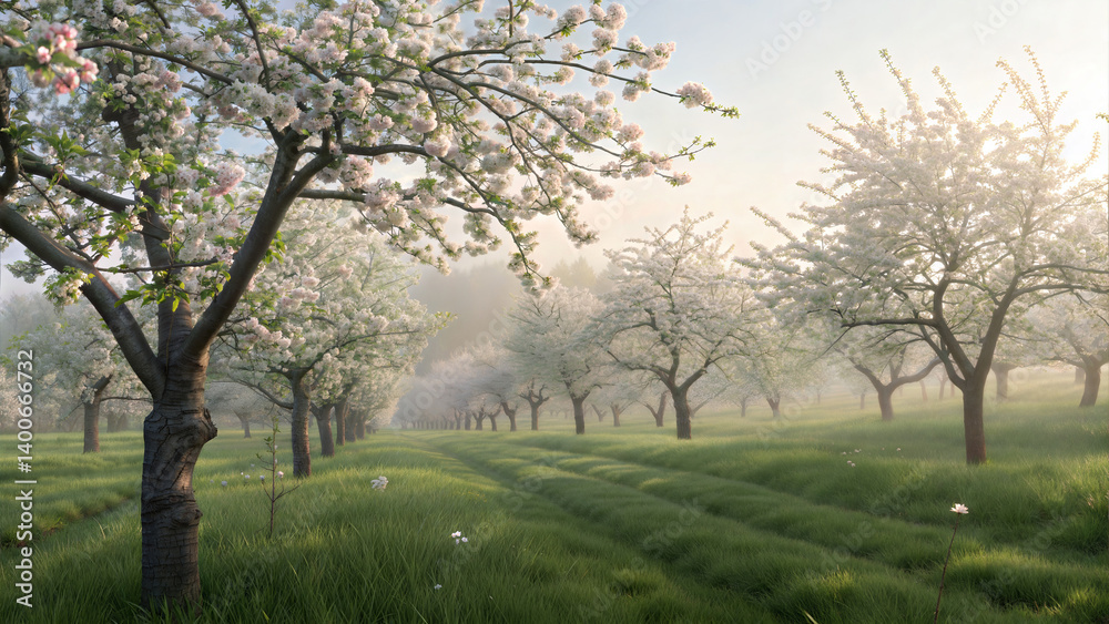 Blooming Apple Orchard in Soft Light