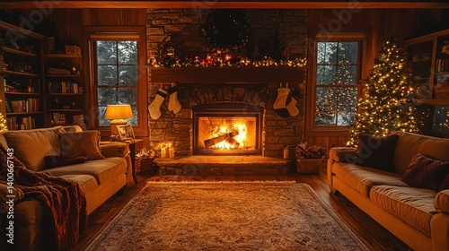 Cozy Christmas living room with fireplace photo