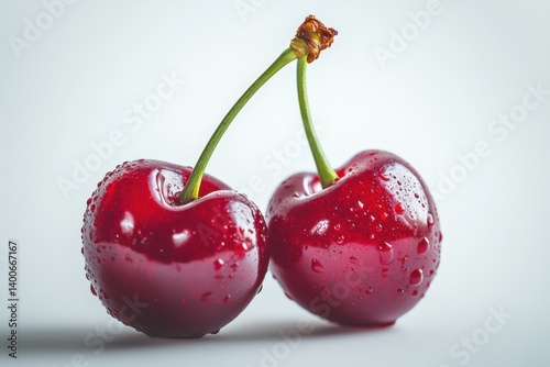 Two red cherries with water drops on white background csvgen