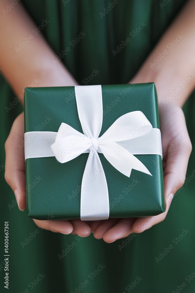 Woman hands holds birthday present wrapped in green wrapping paper. Greeting card and celebration concept background.
