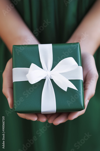Obraz na płótnie Woman hands holds birthday present wrapped in green wrapping paper. Greeting card and celebration concept background. w salonie