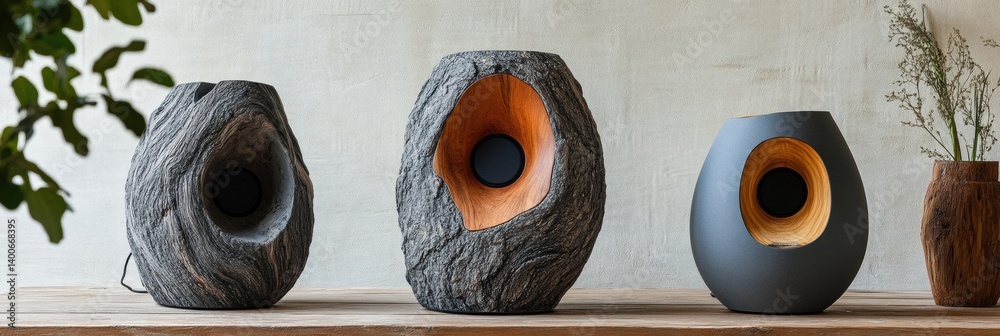 Fototapeta premium Creative acoustic speakers designed to resemble natural elements like bark and mountain stone for organic sound experiences