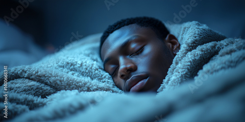 Black man asleep in dark bedroom, depicting healthy sleep habits, sleep hygiene, healthy sleeping habits, bedtime routine, sleep improvement
