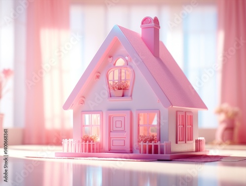 A charming pink dollhouse with detailed furniture in a cozy, sunlit room, perfect for a children's toy in a cozy room. Miniature doll house