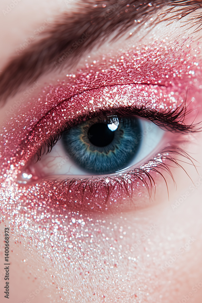 Beauty female woman eye close up macro detail pink glitter eyeshadow makeup look. Cosmetic and skincare concept background.