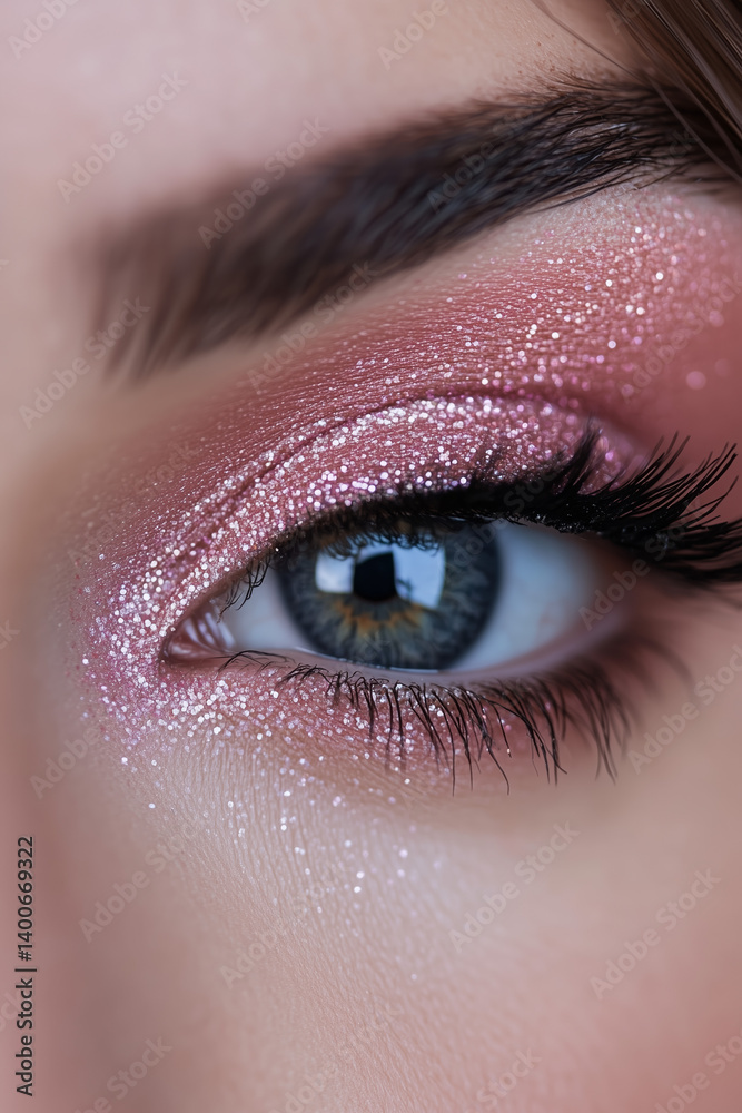 Beauty female woman eye close up macro detail pink glitter eyeshadow makeup look. Cosmetic and skincare concept background.