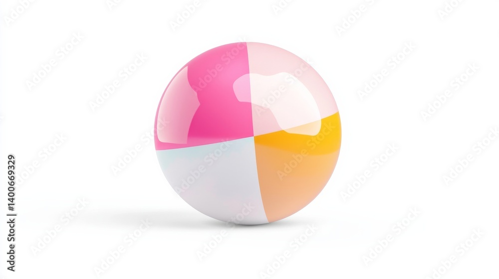 Glossy Beach Ball with Bright Color Sections Resting on Smooth Surface Evoking Summer Fun and Vacation Activities Glossy Beach Ball with Bright Color Sections Resting on Smooth Surface Evoking Summer Fun and Vacation Activities