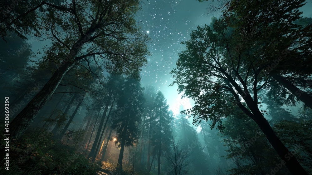 Fototapeta premium Majestic pine forest under a star-filled night sky with soft mist and glowing starlight creating a tranquil and enchanting atmosphere