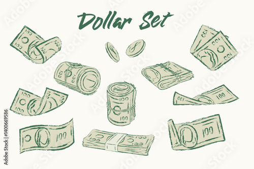 Set of 100 dollar bills. Rolled up 100 dollar bills, wads, stacks of cash money, bent, folded, twisted banknotes. Grunge style. White background