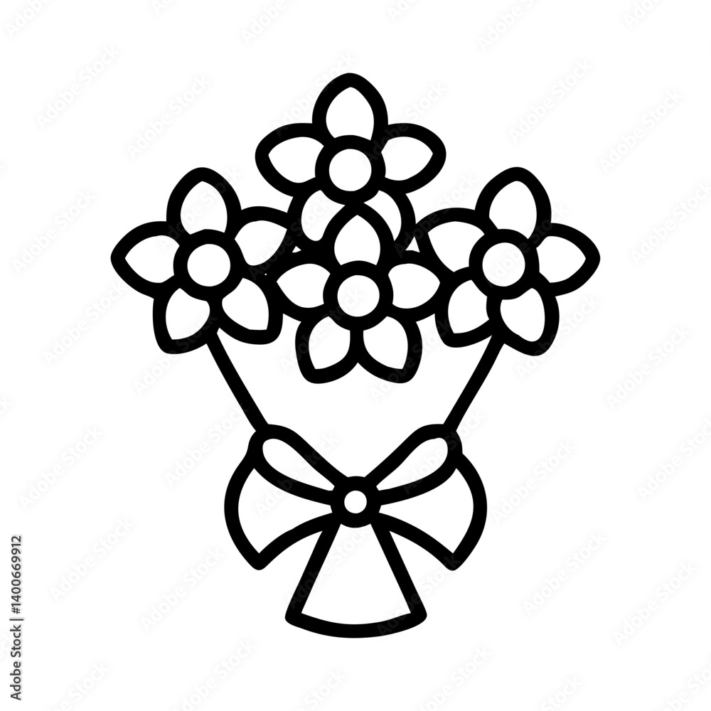 Flower bouquet with bow vector, floral arrangement, gift, outline drawing, line art icon design Flower bouquet with bow vector, floral arrangement, gift, outline drawing, line art icon design