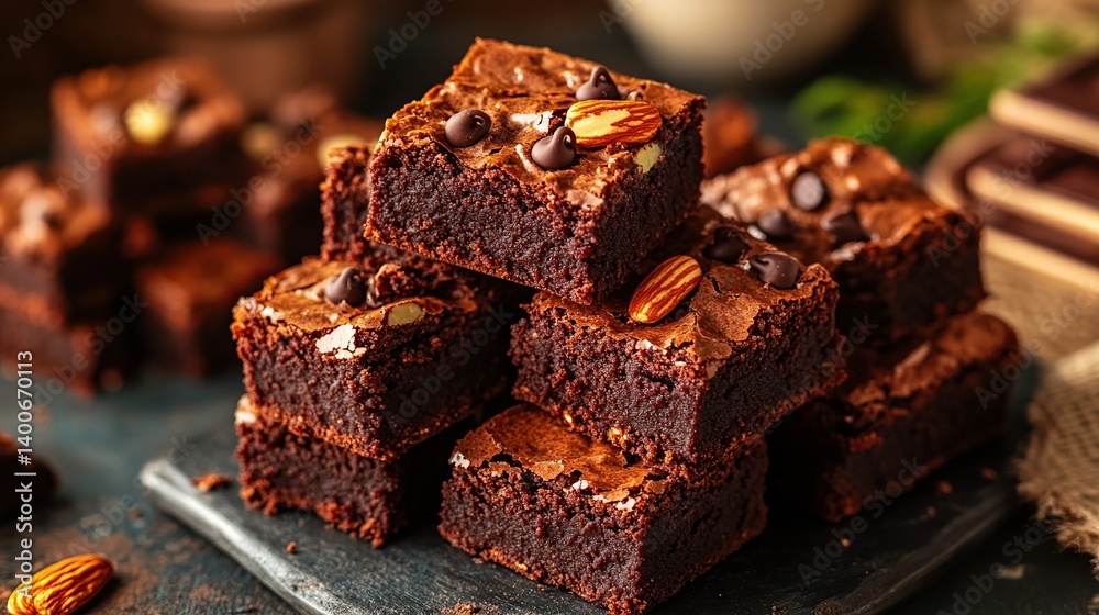 Thick, fudgy brownies with roasted almonds and a dusting of powdered sugar