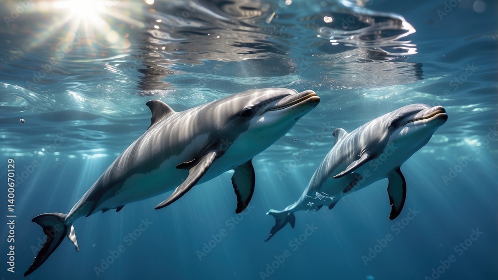 Obraz premium Two dolphins swimming in clear blue ocean water with sunlight streaming through the surface