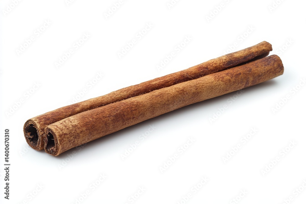 Two cinnamon sticks are displayed on a bright white surface Two cinnamon sticks are displayed on a bright white surface