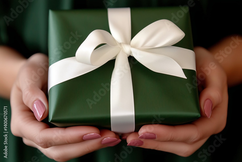 Woman hands holds birthday present wrapped in green wrapping paper. Greeting card and celebration concept background.