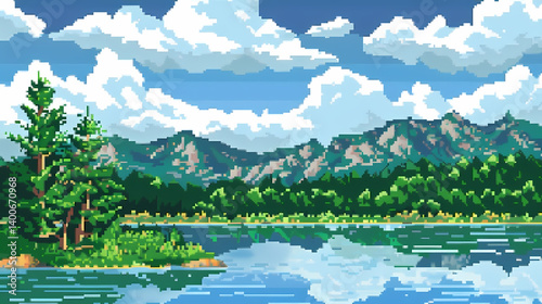 Lac paisible en pixel art. Reflets des montagnes et des nuages blancs dans l'eau calme. Forêt de conifères au bord. Paysage serein et esthétique rétro