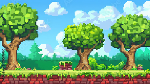 Paysage pixel art ensoleillé. Trois arbres verts sur fond de ciel bleu nuageux. Terrain herbeux et base en briques rouges. Style jeu vidéo rétro