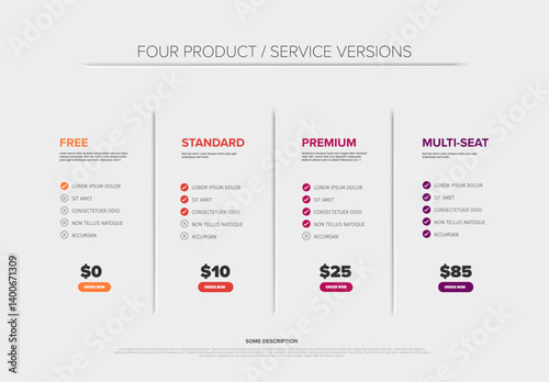 A modern pricing table featuring four product or service packages: Free, Standard, Premium, and Multi-Seat, detailing features and costs with clear visual design and call-to-actions.