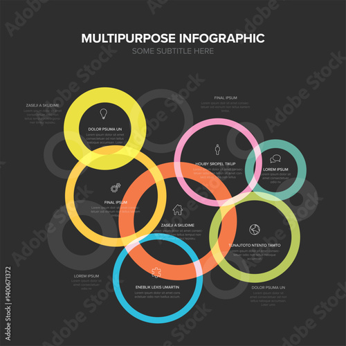 A multipurpose infographic with overlapping colorful circles and icons, perfect for visualizing data, presenting topics, or showcasing relationships in a visually engaging way on dark background
