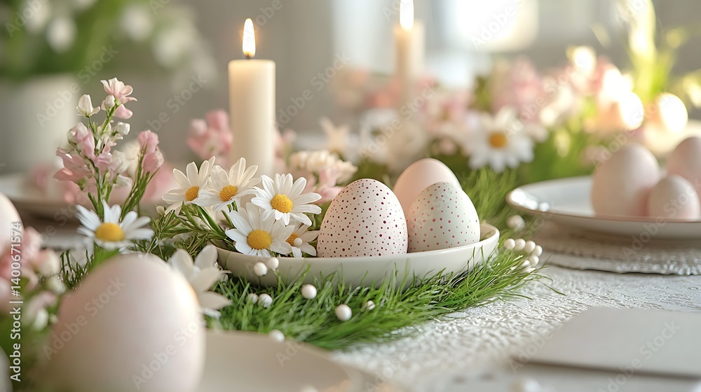 Elegant Easter table scene in paper-cut style, with decorated plates, eggs nestled in grass, blooming daisies and lilies, and candlelight casting soft glow over a textured table runner,