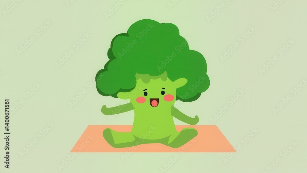A cartoon broccoli character with a large green head resembling a broccoli crown sits on an orange mat. With a smiling face, rosy cheeks, and animated limbs, it exudes charm and playful creativity. A cartoon broccoli character with a large green head resembling a broccoli crown sits on an orange mat. With a smiling face, rosy cheeks, and animated limbs, it exudes charm and playful creativity.