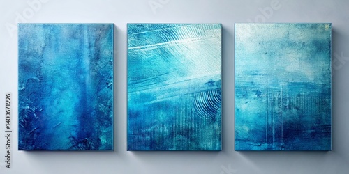 Aerial View: Three Blue Grunge Square Posters with Hand-Drawn Lines & Abstract Textures on White