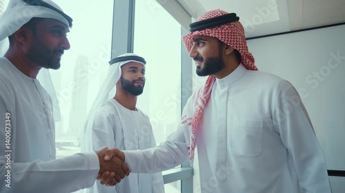 Cinematic video of a group of businessmen from Saudi arabia and Dubai during an corporate meeting in an office. Mixed business team from different parts of the UAE working together.