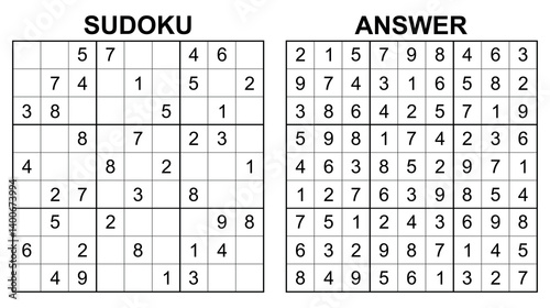 Vector sudoku with answer 23. Educational game with numbers for kids and leisure for adult on white background.