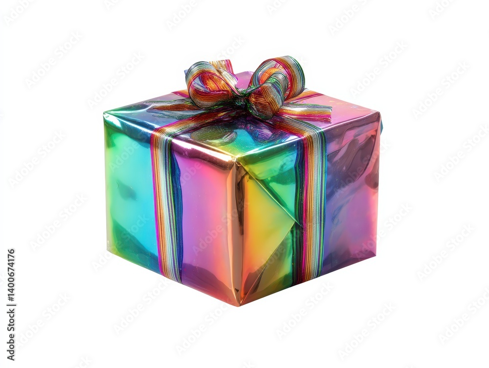 Obraz premium A beautiful gift box wrapped in iridescent paper, topped with a decorative ribbon, conveying excitement and anticipation, is perfect for celebrating special moments.