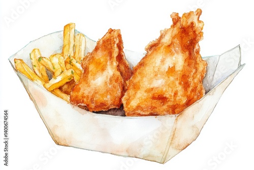 Crispy fish and chips in a paper tray. Watercolor illustration